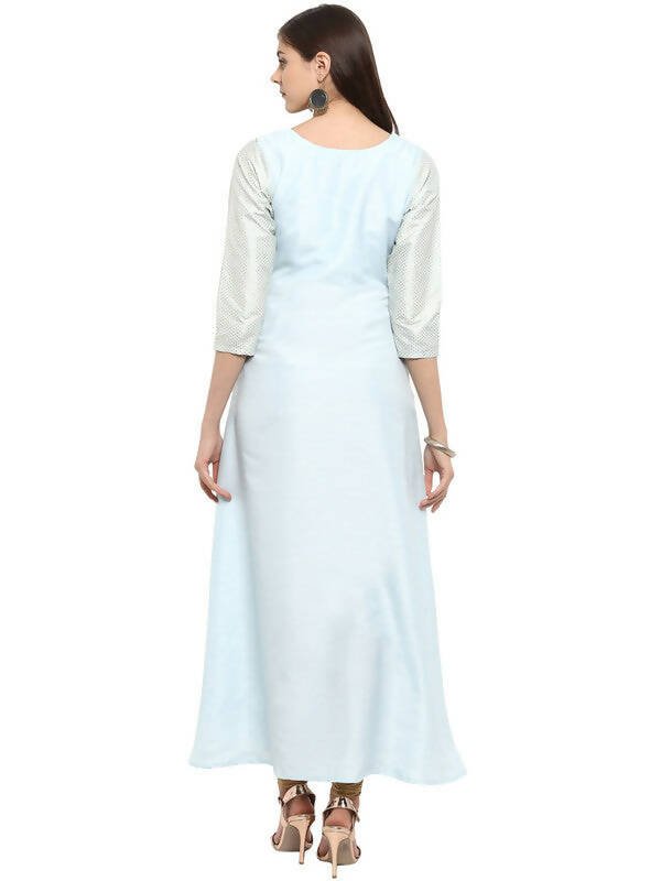 Ahalyaa Women Blue & Silver-Coloured Yoke Design A-Line Kurta | Swadesiicart