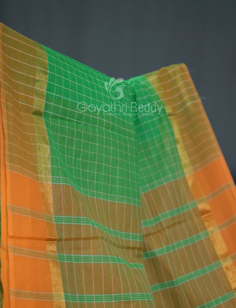 Light Green With Checks Pure Mangalgiri Cotton Saree By Gayathri Reddy Designer Studio | Swadesiicart
