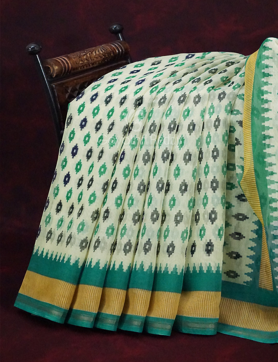 Combo of Off White and Rama Green Patan Patola Semi Chanderi Saree By Gayathri Reddy Designer Studio | Swadesiicart