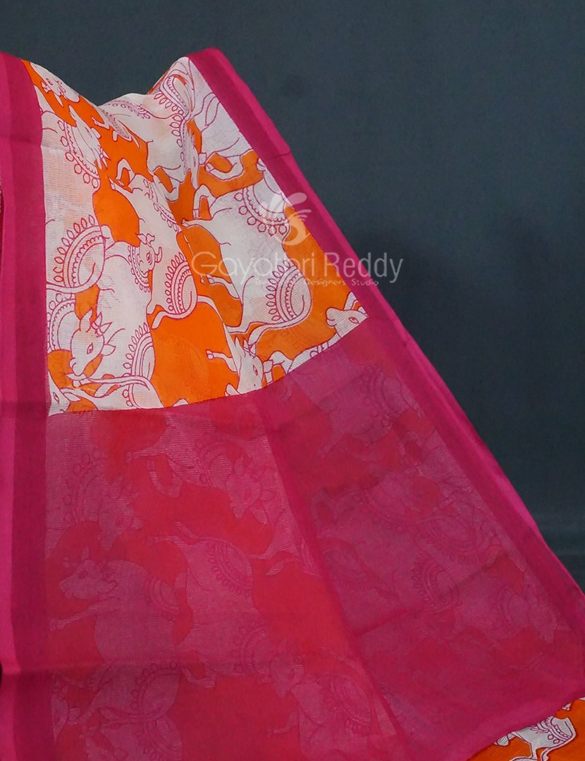 Shades of Orange And Pink With Pichwai Print Munga Cotton Saree By Gayathri Reddy Designer Studio | Swadesiicart