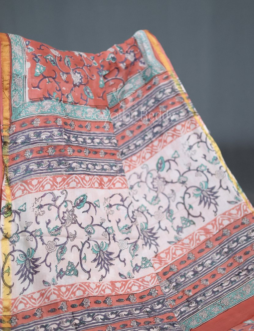 Pastel Chikoo Coloured Combination Printed Cotton Saree By Gayathri Reddy Designer Studio | Swadesiicart