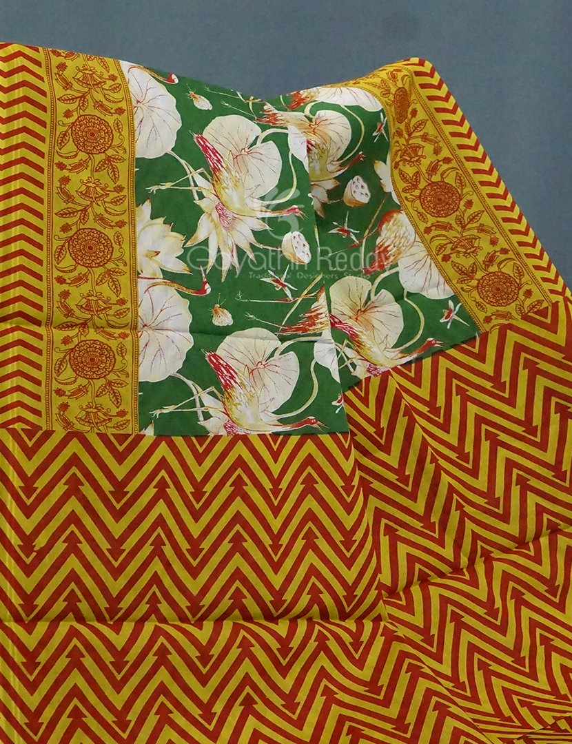 Block Print Mango Green Coloured Mulmul Cotton Saree By Gayathri Reddy Designer Studio | Swadesiicart