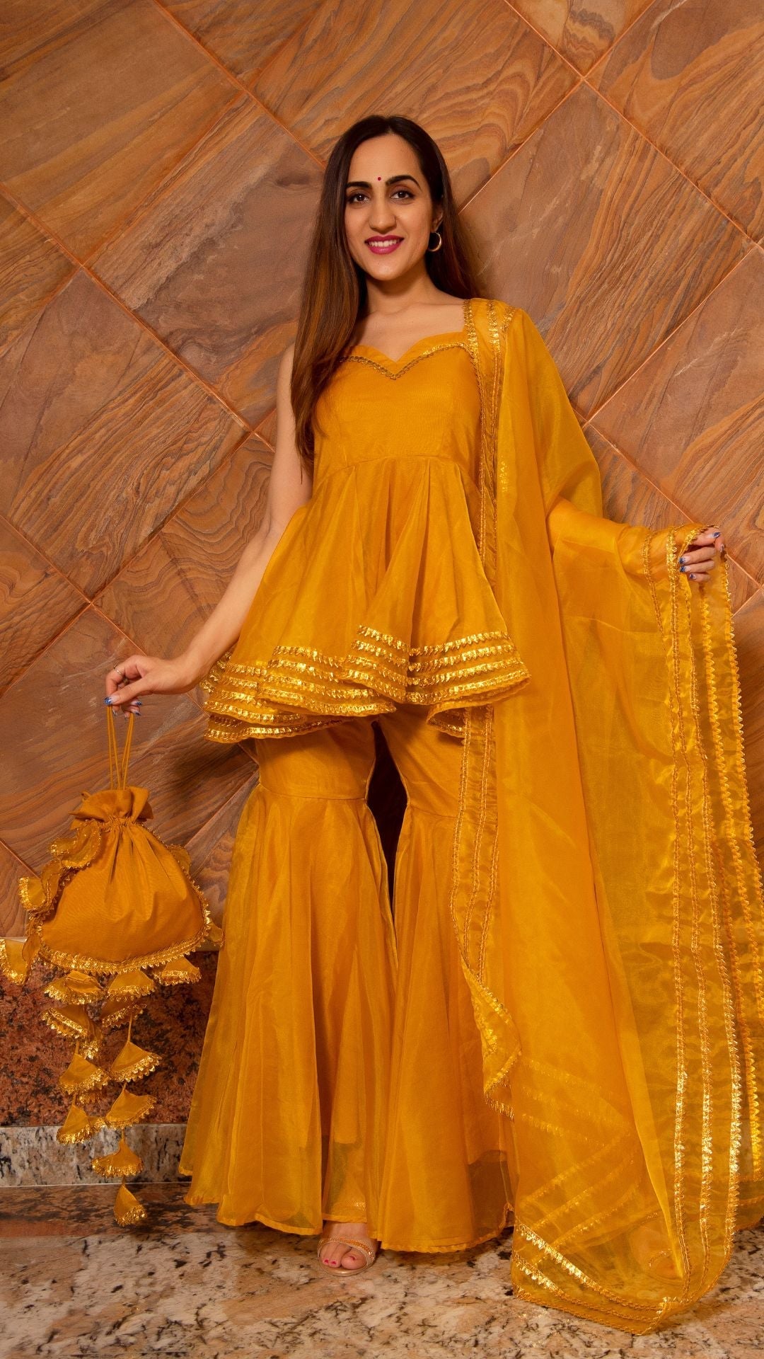 Pomcha Jaipur Murat Mustard Organza Sharara Set | Swadesiicart