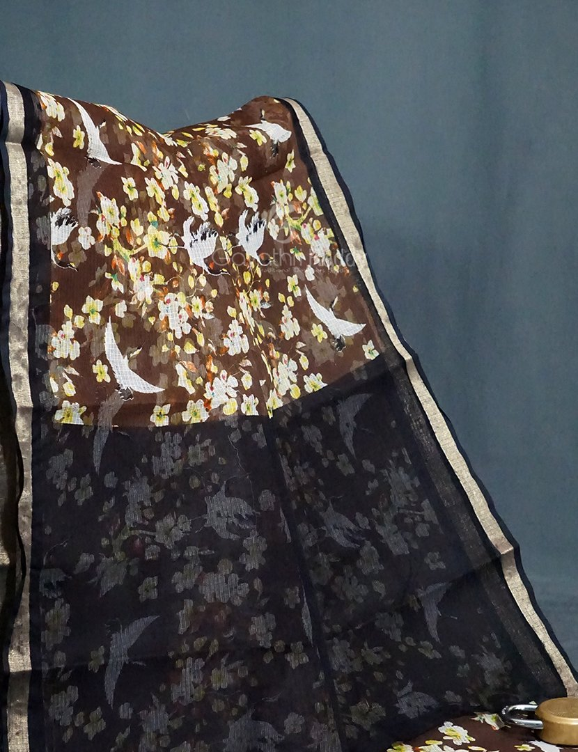 Dark Dry Mehndi Colour Block Print Pure Kota Cotton Saree By Gayathri Reddy Designer Studio | Swadesiicart