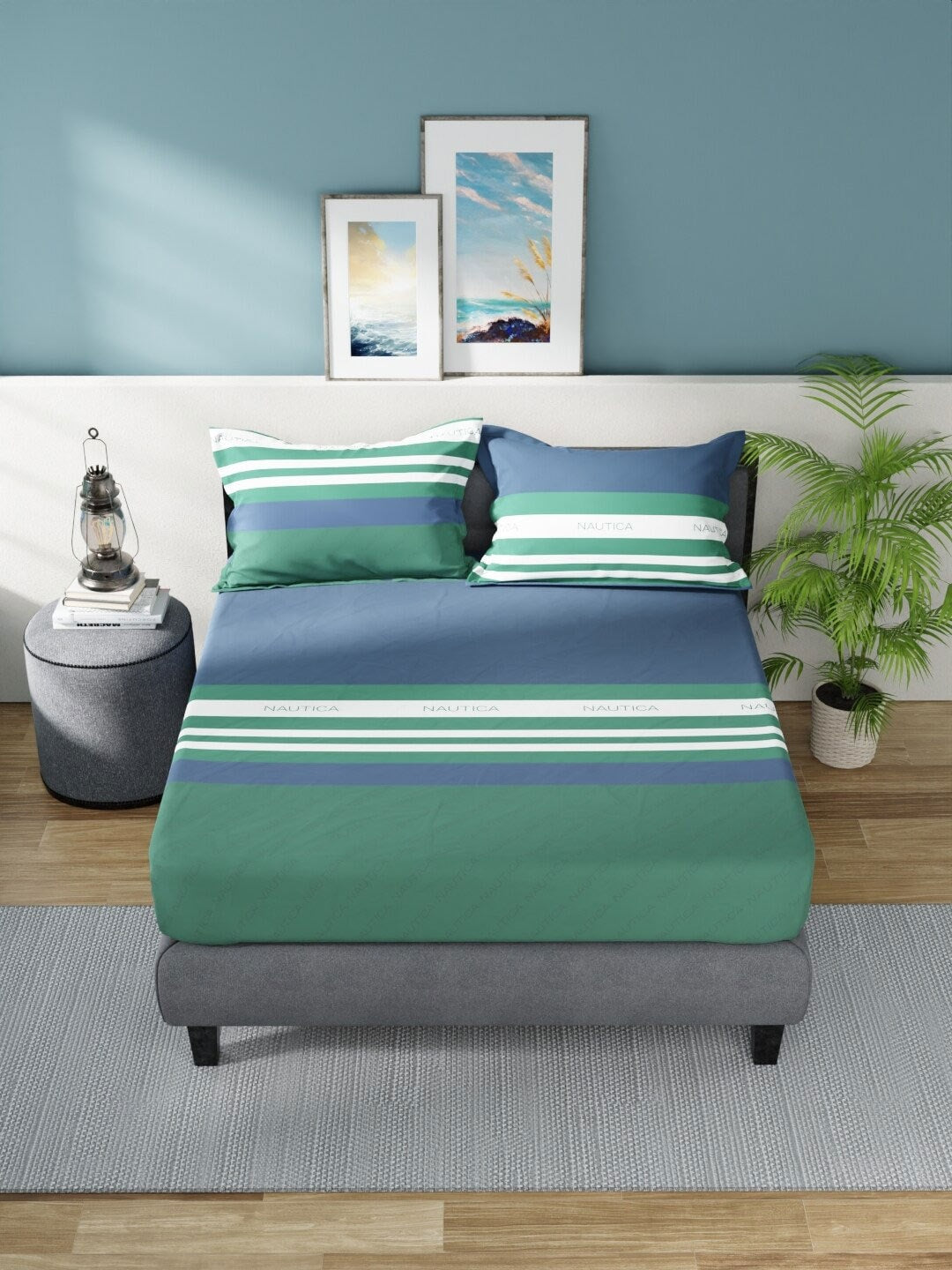Nautica Bradford Blue & Green Striped 160 TC Pure Cotton King Bedsheet & 2 Pillow Covers - Swadesiicart
