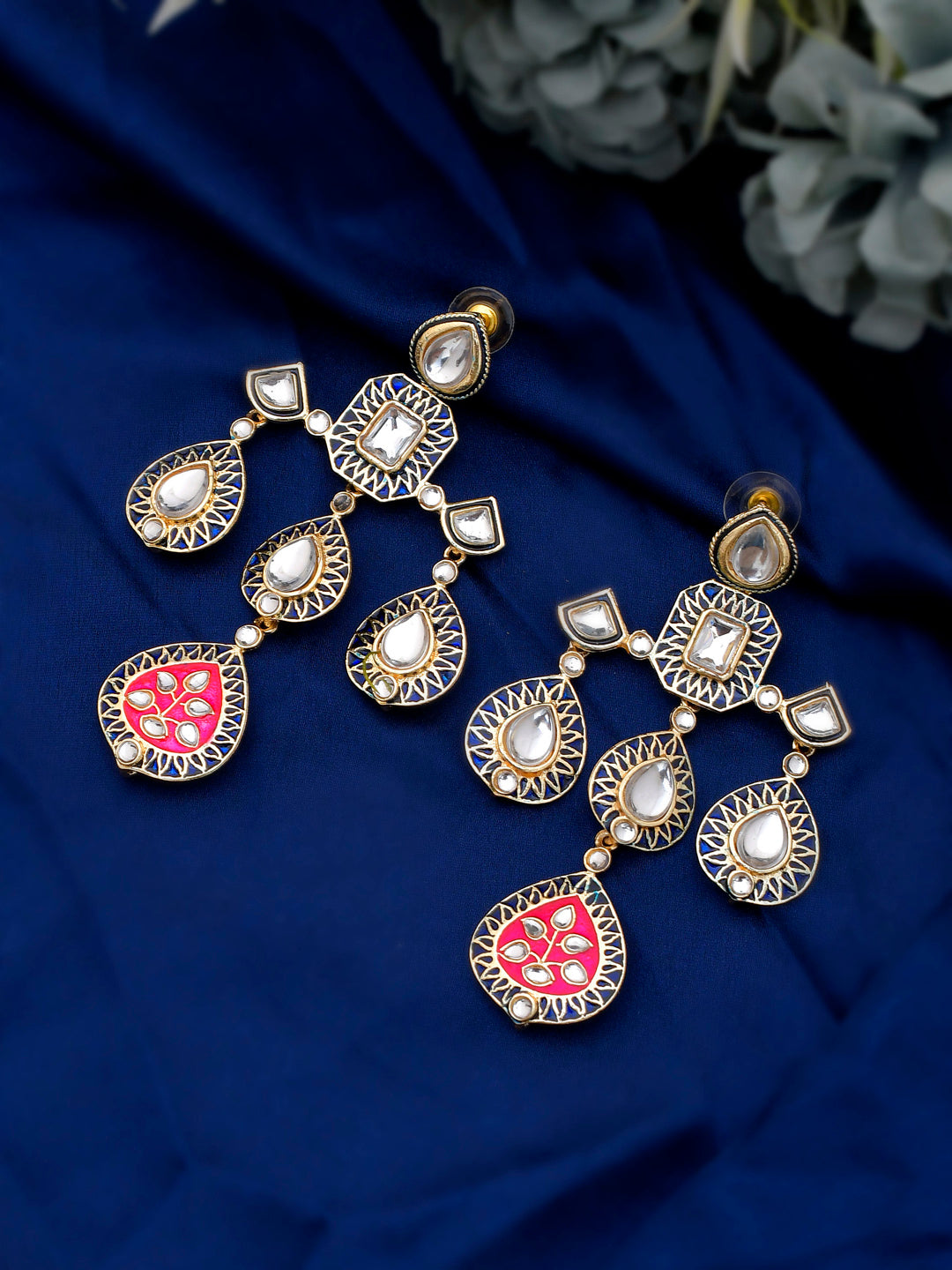 Shoshaa Gold-Polished Balck & Pink Kundan Enamel Drop Earrings | Swadesiicart