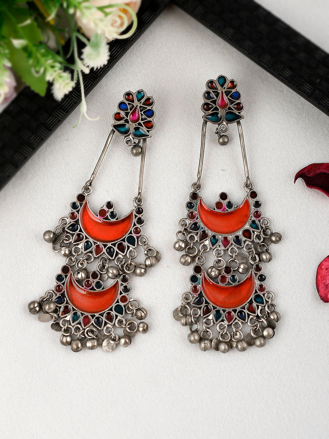 Shoshaa Silver-Plated Oxidised Multi Stones Drop Earrings | Swadesiicart