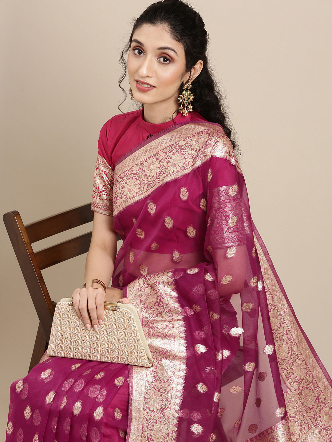 Saree Mall Magenta Ethnic Motifs Zari Organza Banarasi Saree | Swadesiicart