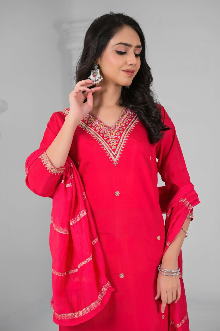 Ethnic Festive Wear Chanderi Red Stitched Suit With Dupatta - Tanisha | Swadesiicart