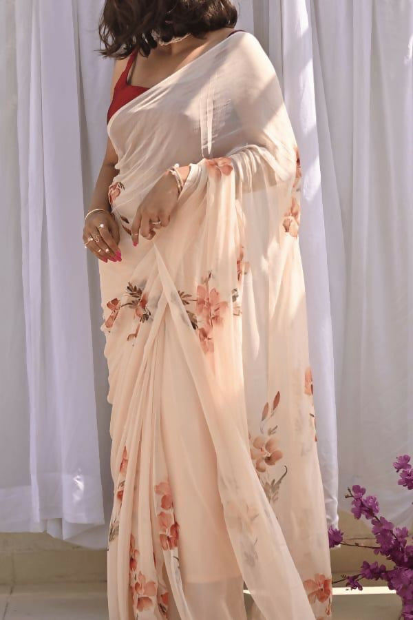 Exclusive Collection Beautiful Light Cream Pure Cotton Hand Print Handloom Saree With Running Blouse Piece - Swadesiicart