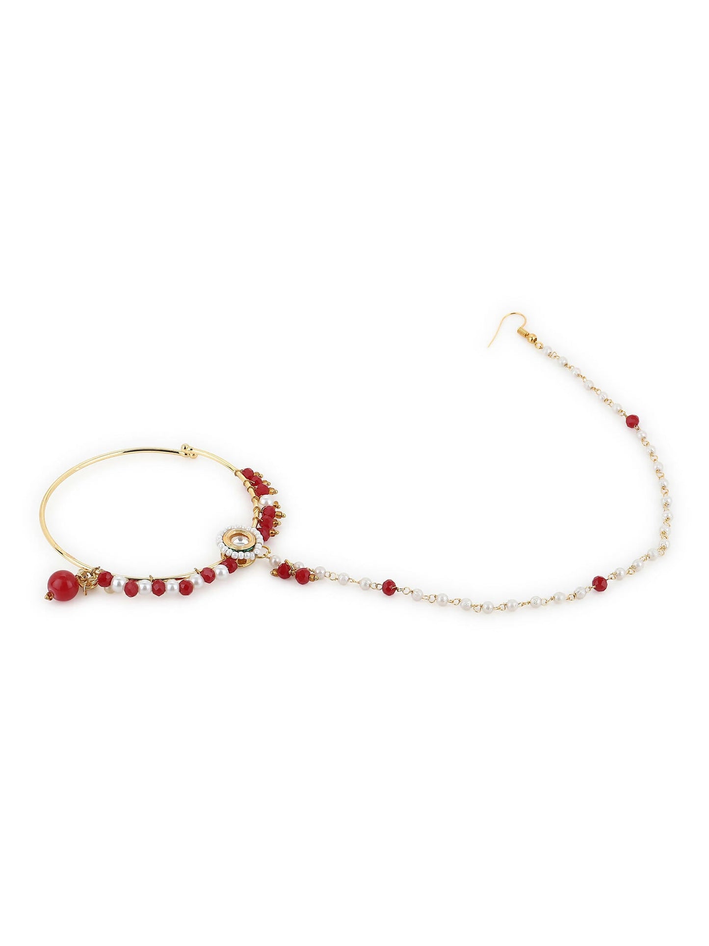 White Red Gold-Polished Kundan-Studded Beaded Nosepin - Ruby Raang | Swadesiicart