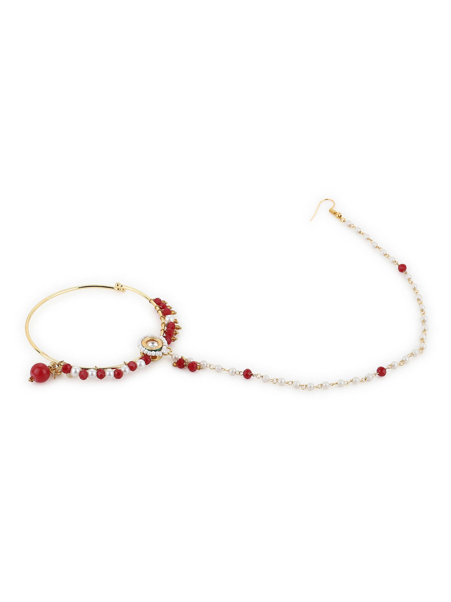 White Red Gold-Polished Kundan-Studded Beaded Nosepin - Ruby Raang | Swadesiicart