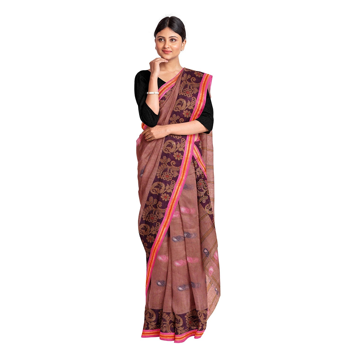 Exclusive Collection 100% Pure Cotton Mauve Tant Saree With Hand Weaving Work - Swadesiicart