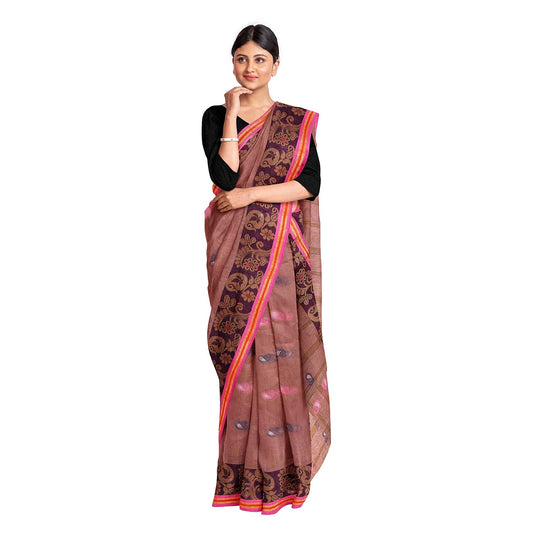 Exclusive Collection 100% Pure Cotton Mauve Tant Saree With Hand Weaving Work - Swadesiicart