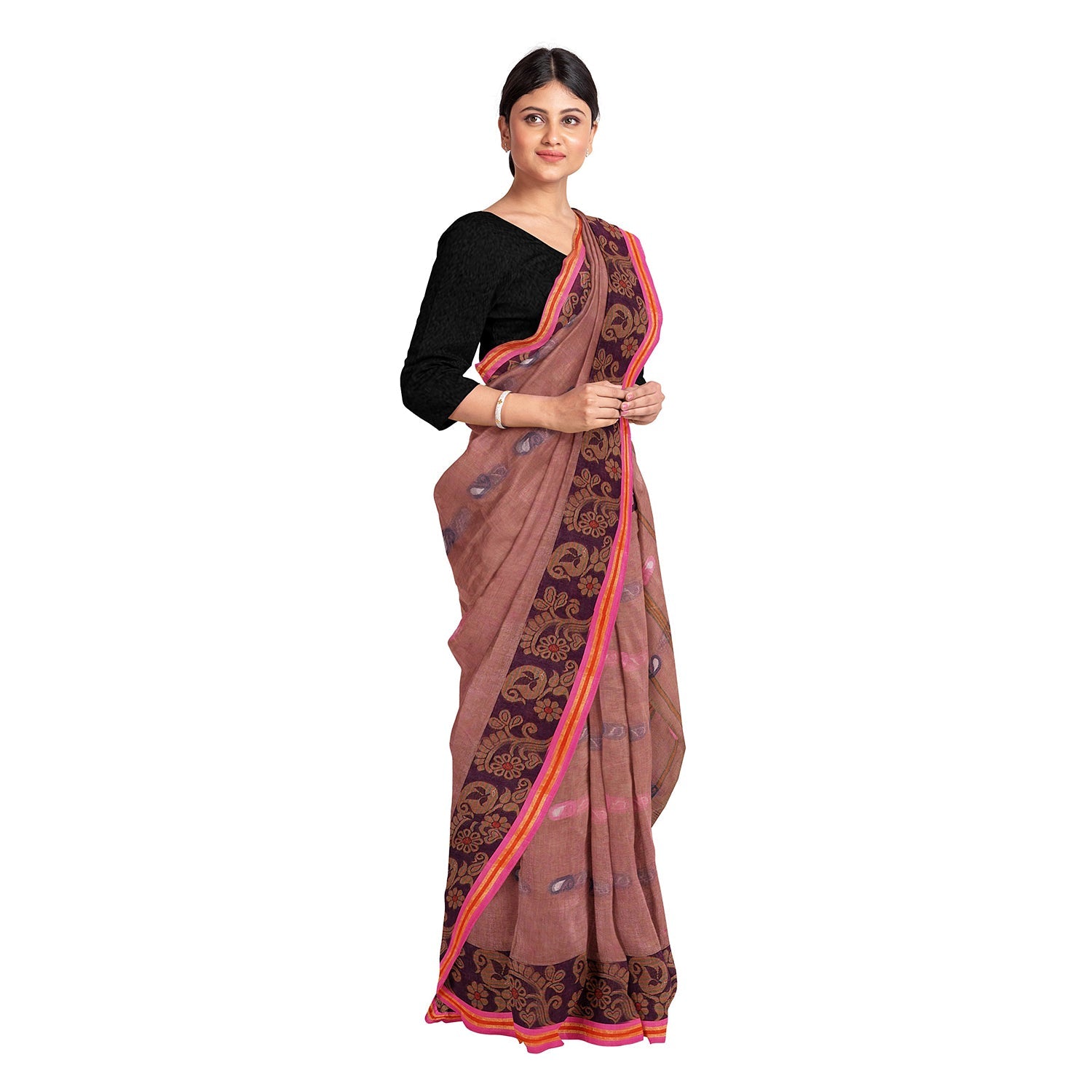 Exclusive Collection 100% Pure Cotton Mauve Tant Saree With Hand Weaving Work - Swadesiicart