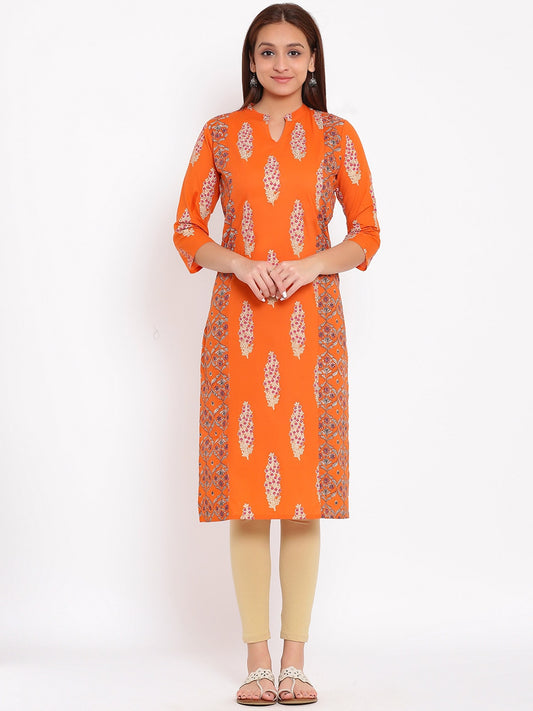HERE&NOW Orange & White Ethnic Motifs Printed Straight Kurta - Swadesiicart