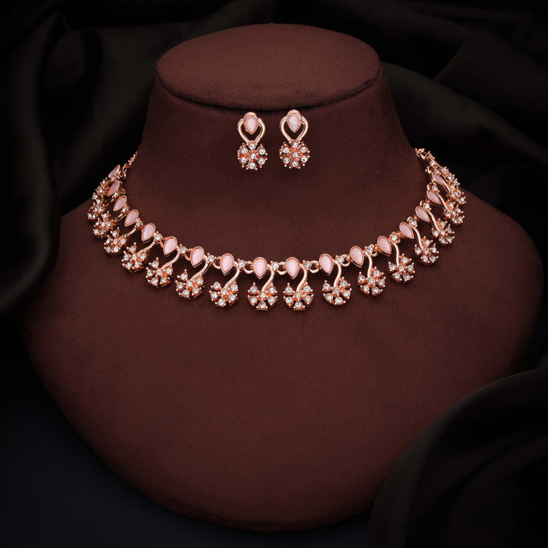 Tehzeeb Creations Rose Gold-Polished Baby Pink Choker Necklace With Dangle Earrings - Swadesiicart