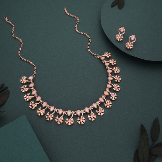 Tehzeeb Creations Rose Gold-Polished Baby Pink Choker Necklace With Dangle Earrings - Swadesiicart