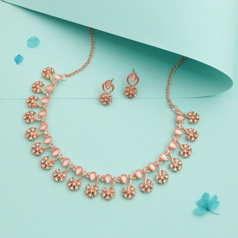 Tehzeeb Creations Rose Gold-Polished Baby Pink Choker Necklace With Dangle Earrings - Swadesiicart