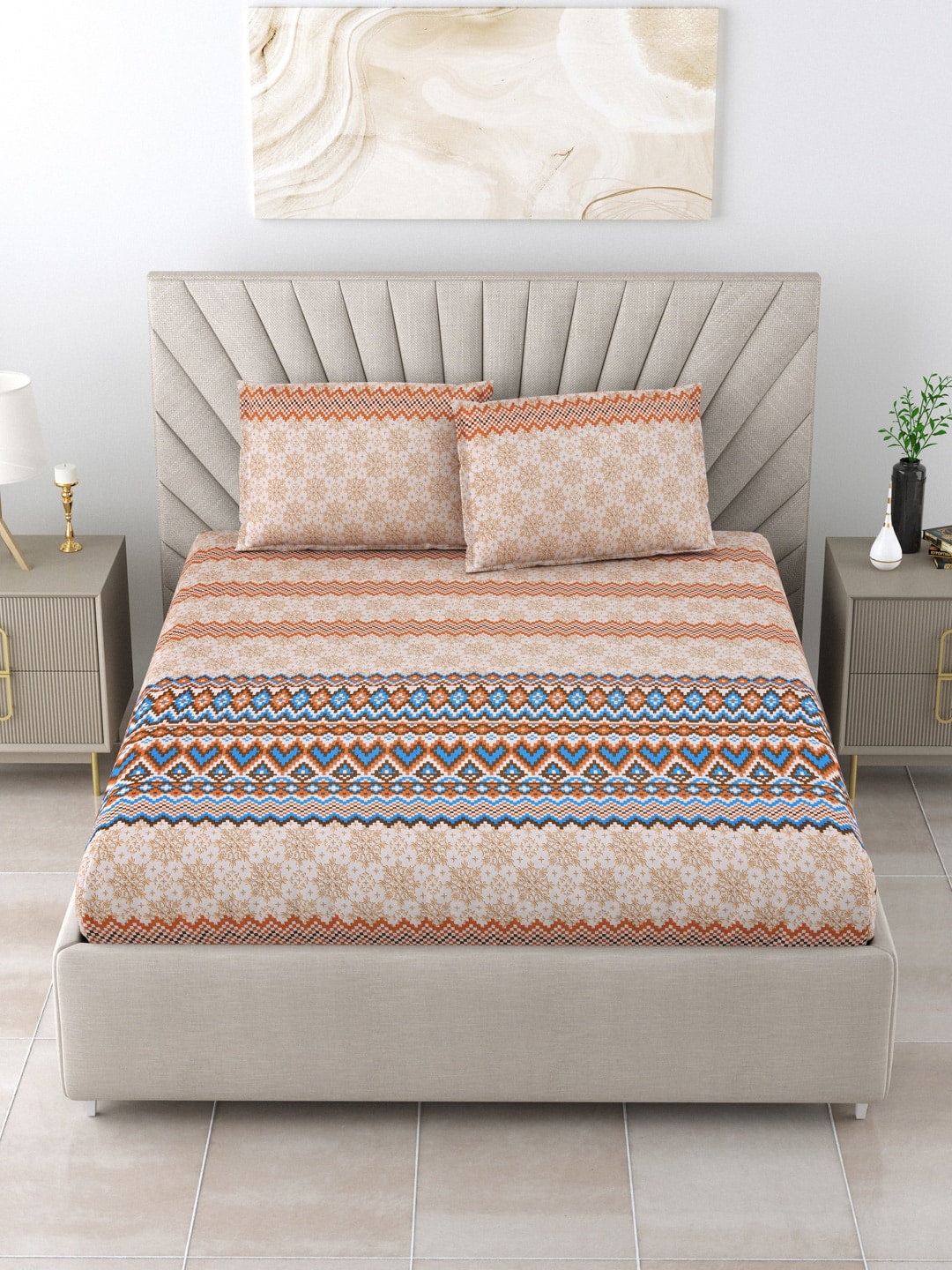 BOMBAY DYEING Brown & Blue Ethnic Motifs Cotton 250 TC King Bedsheet With 2 Pillow Covers - Swadesiicart