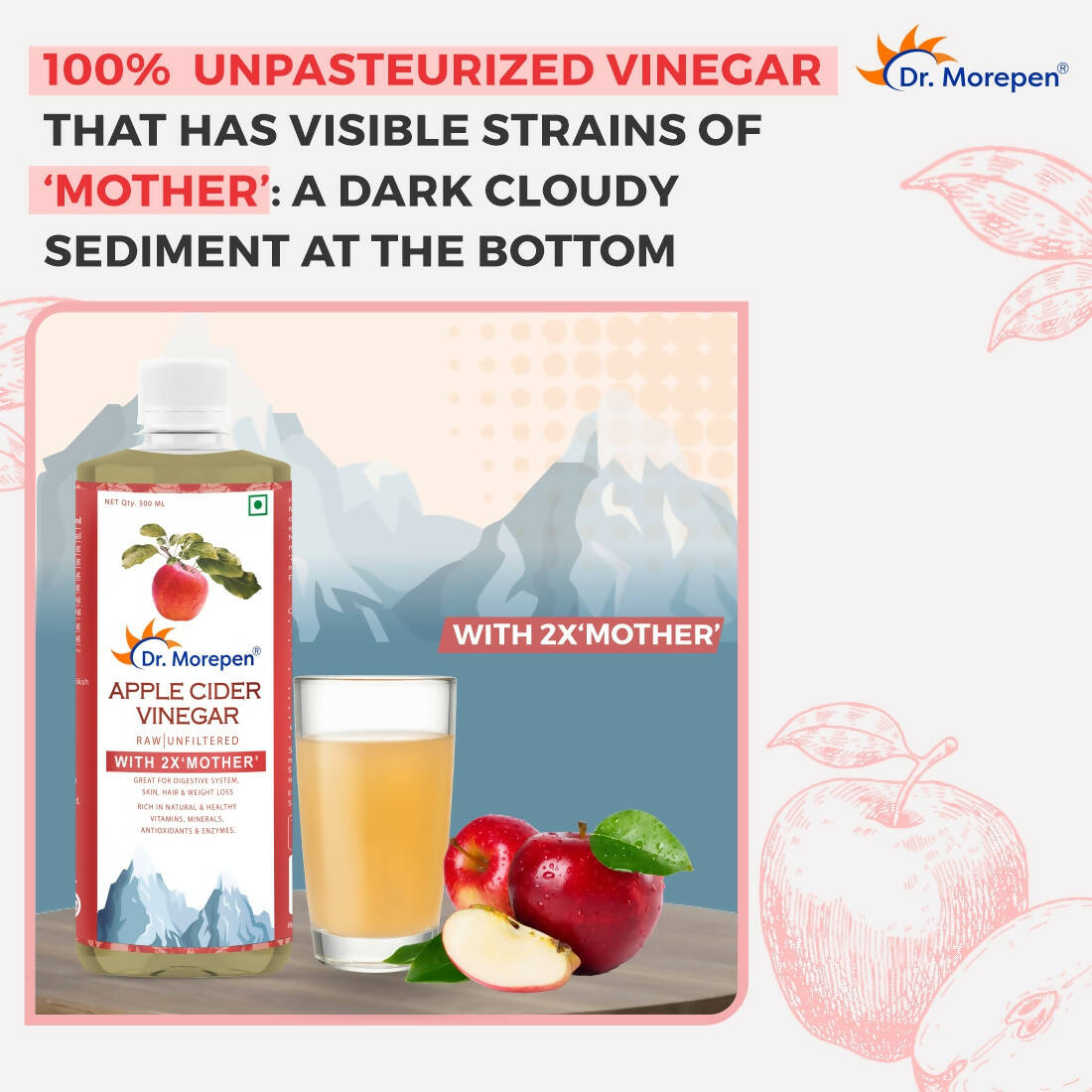 Dr. Morepen Apple Cider Vinegar With 2x Mother for Weight Management, Immunity, Skin & Hair - Swadesiicart