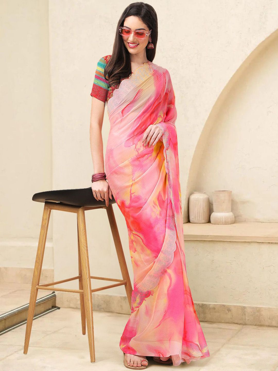 Mitera Tie and Dye Beads and Stones Ready to Wear Saree | Swadesiicart