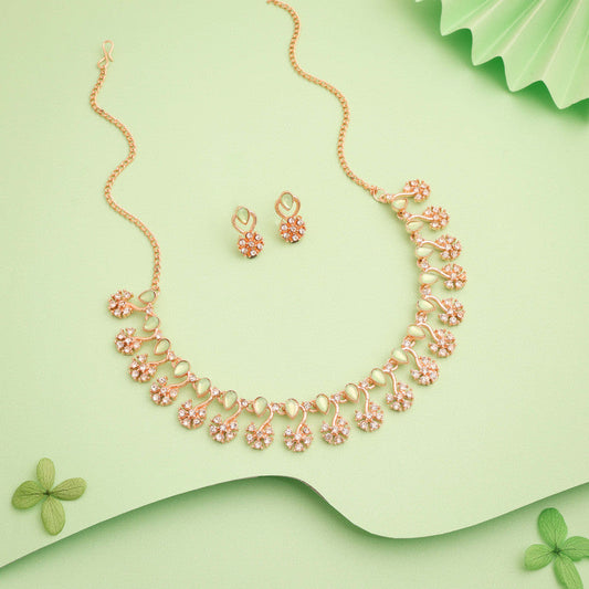Tehzeeb Creations Rose Gold-Polished Sea Green Choker Necklace With Dangle Earrings - Swadesiicart
