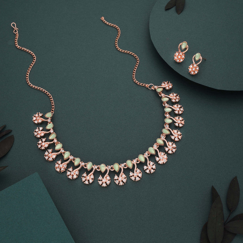 Tehzeeb Creations Rose Gold-Polished Sea Green Choker Necklace With Dangle Earrings - Swadesiicart