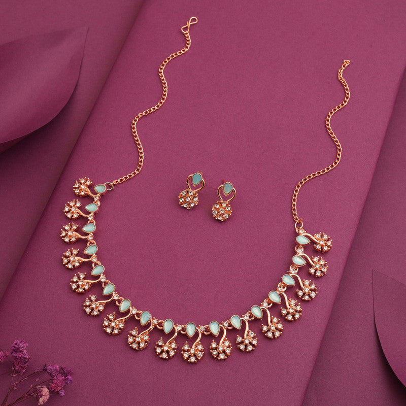 Tehzeeb Creations Rose Gold-Polished Sky Blue Choker Necklace With Dangle Earrings - Swadesiicart