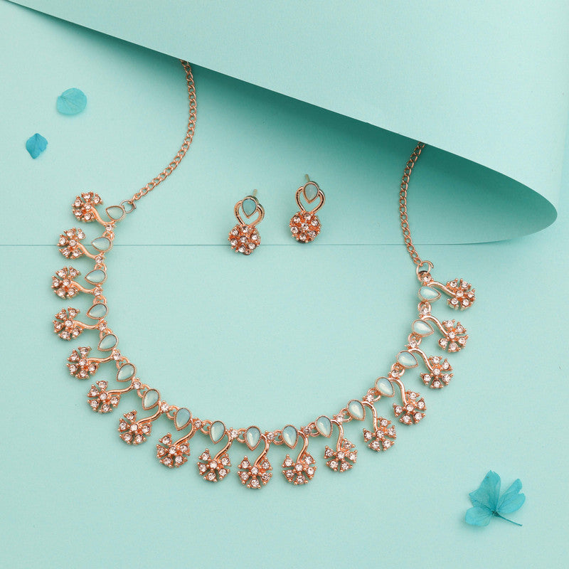 Tehzeeb Creations Rose Gold-Polished Sky Blue Choker Necklace With Dangle Earrings - Swadesiicart