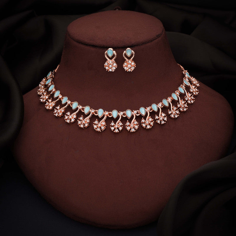 Tehzeeb Creations Rose Gold-Polished Sky Blue Choker Necklace With Dangle Earrings - Swadesiicart