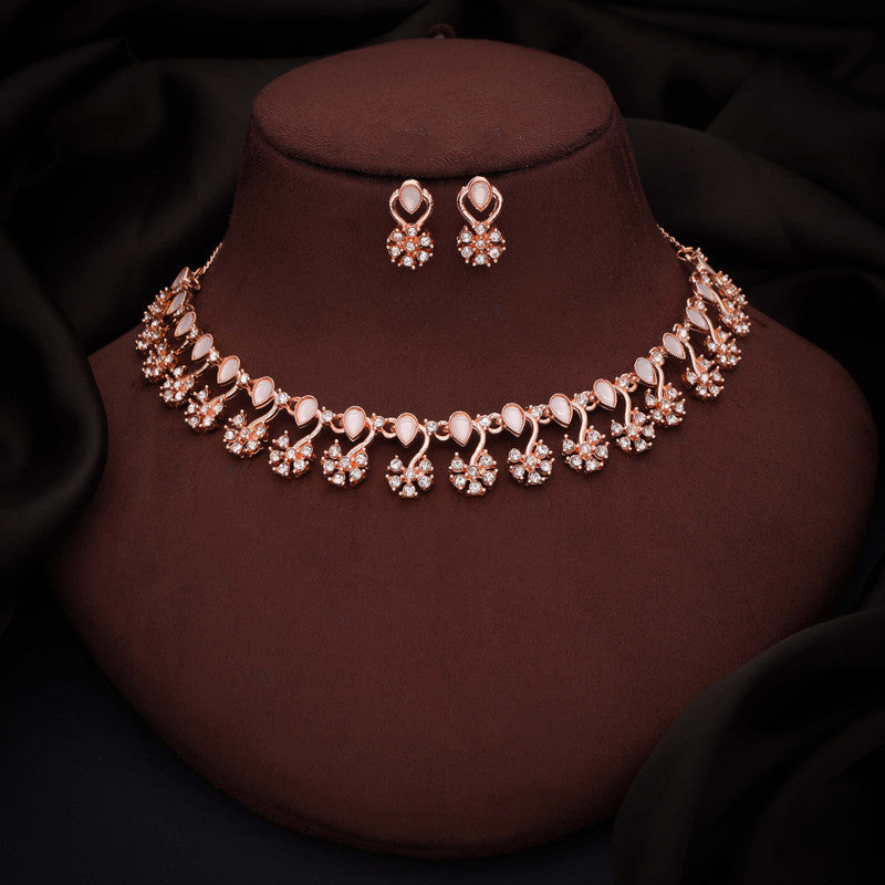 Tehzeeb Creations Rose Gold-Polished White Choker Necklace With Dangle Earrings - Swadesiicart