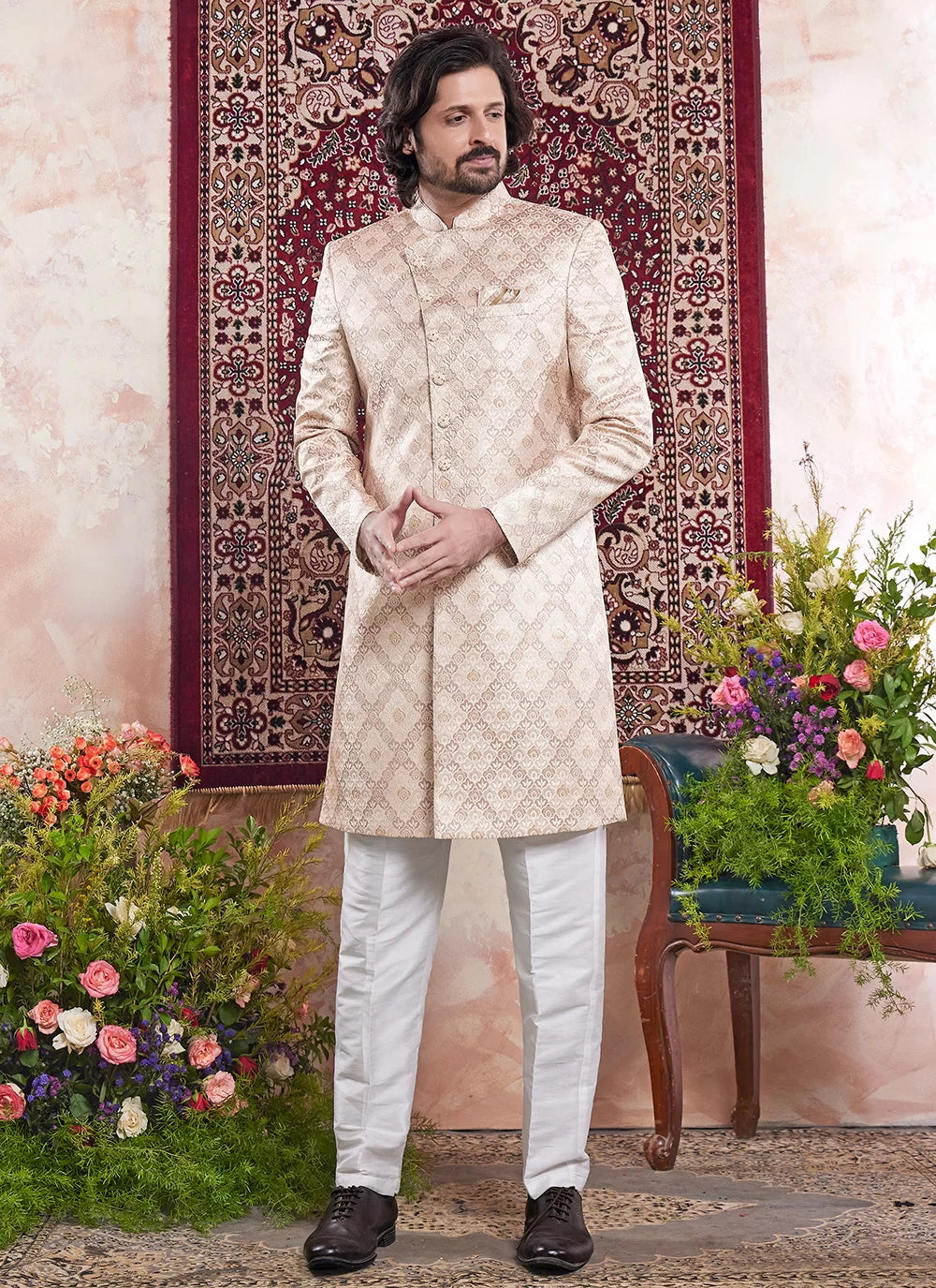 Raivat Ethnic Banarasi Jacquard Embroidery Indo Western Sherwani In Beige Colour | Swadesiicart