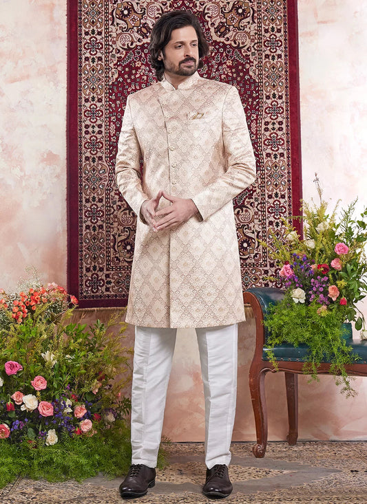 Raivat Ethnic Banarasi Jacquard Embroidery Indo Western Sherwani In Beige Colour | Swadesiicart