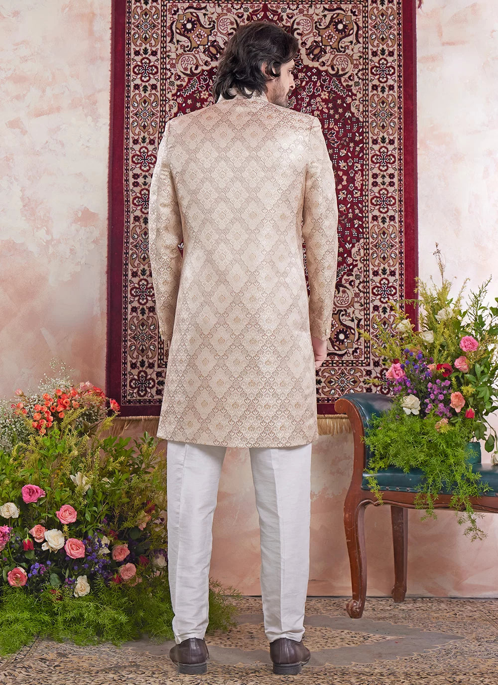 Raivat Ethnic Banarasi Jacquard Embroidery Indo Western Sherwani In Beige Colour | Swadesiicart