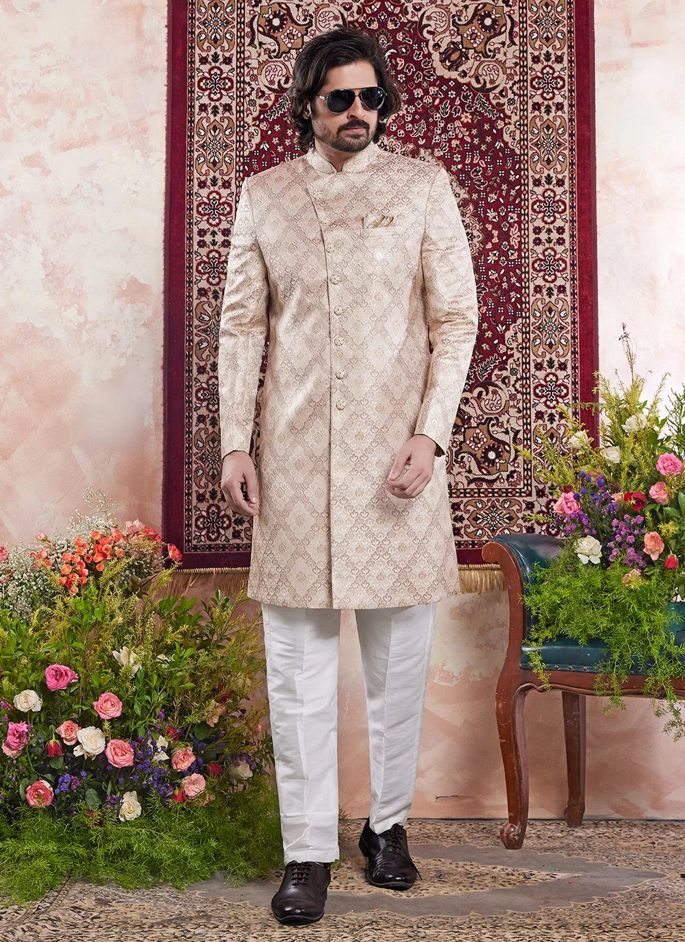 Raivat Ethnic Banarasi Jacquard Embroidery Indo Western Sherwani In Beige Colour | Swadesiicart