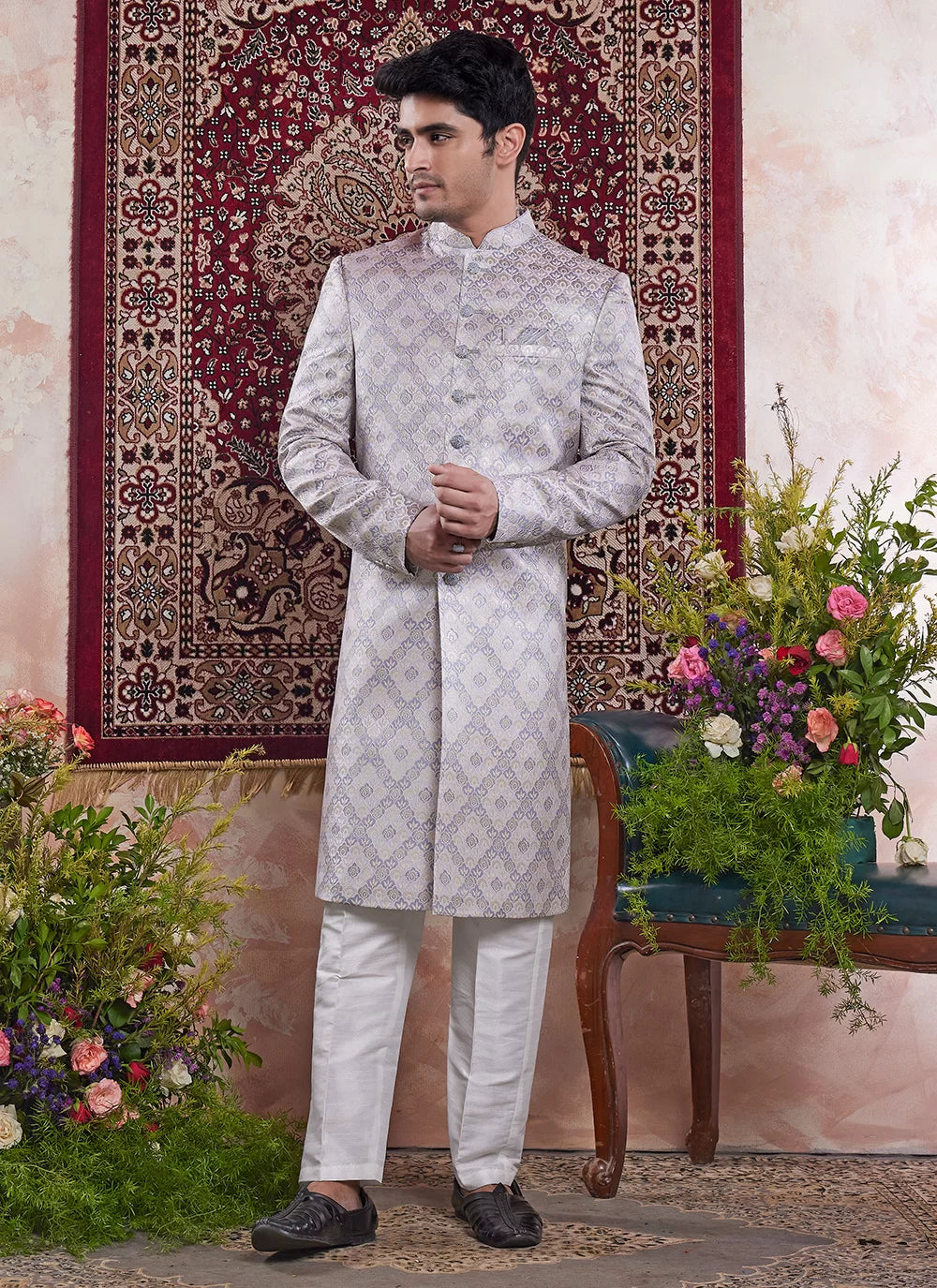 Raivat Ethnic Banarasi Jacquard Embroidery Indo Western Sherwani In Grey Colour | Swadesiicart