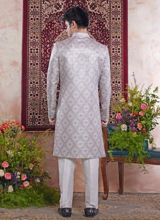 Raivat Ethnic Banarasi Jacquard Embroidery Indo Western Sherwani In Grey Colour | Swadesiicart