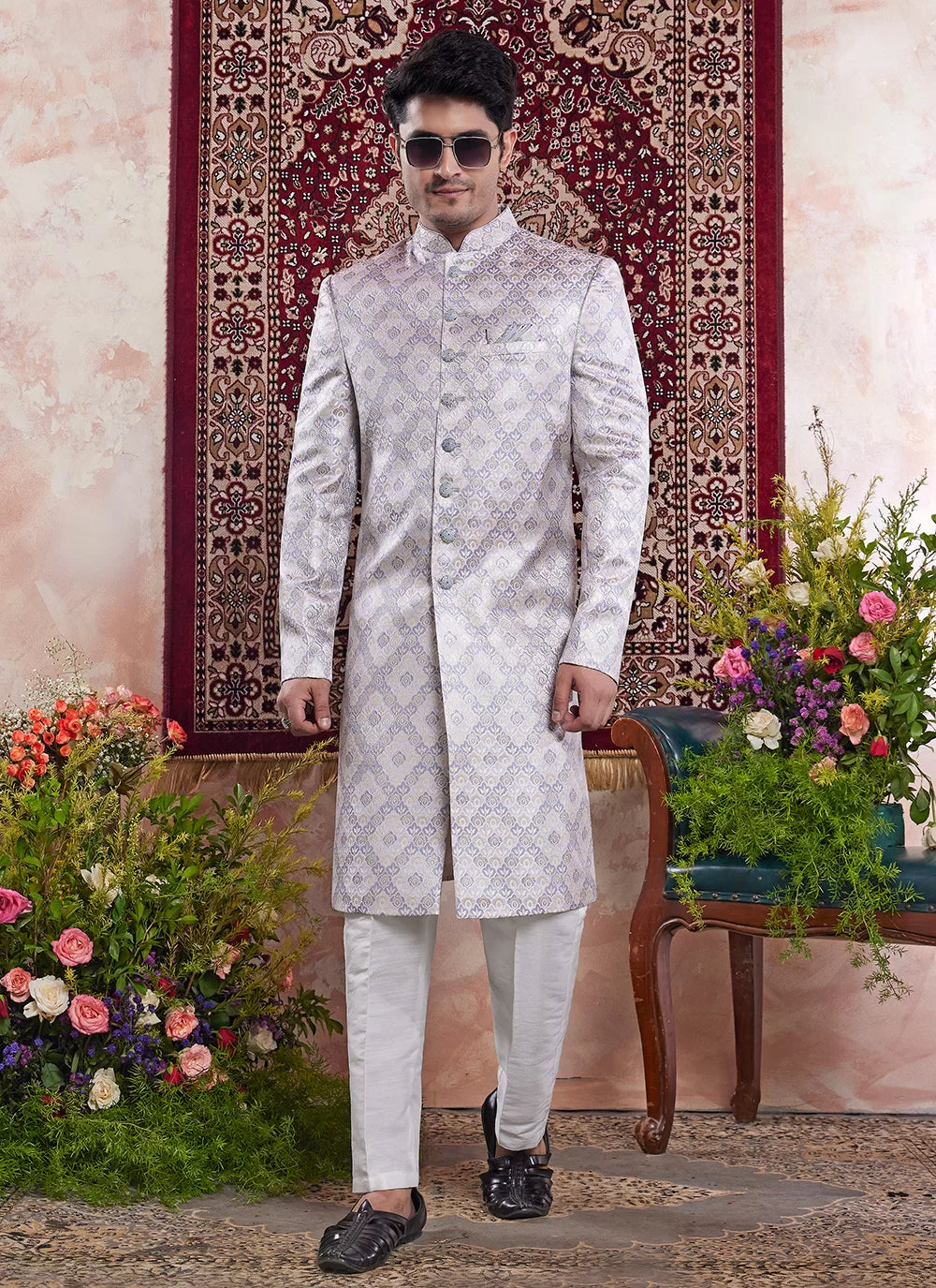 Raivat Ethnic Banarasi Jacquard Embroidery Indo Western Sherwani In Grey Colour | Swadesiicart