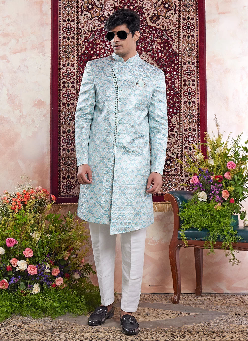 Raivat Ethnic Banarasi Jacquard Embroidery Indo Western Sherwani In Green Colour | Swadesiicart