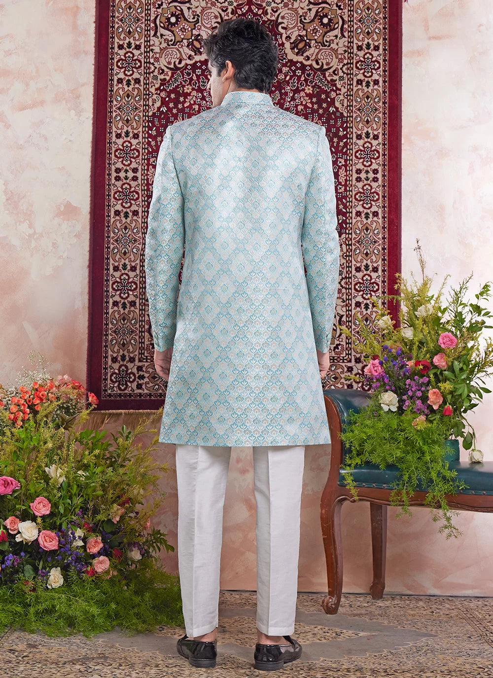 Raivat Ethnic Banarasi Jacquard Embroidery Indo Western Sherwani In Green Colour | Swadesiicart