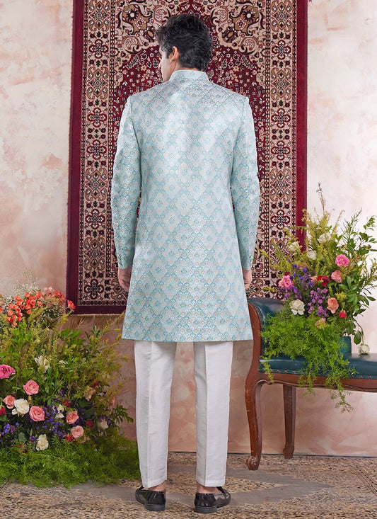 Raivat Ethnic Banarasi Jacquard Embroidery Indo Western Sherwani In Green Colour | Swadesiicart