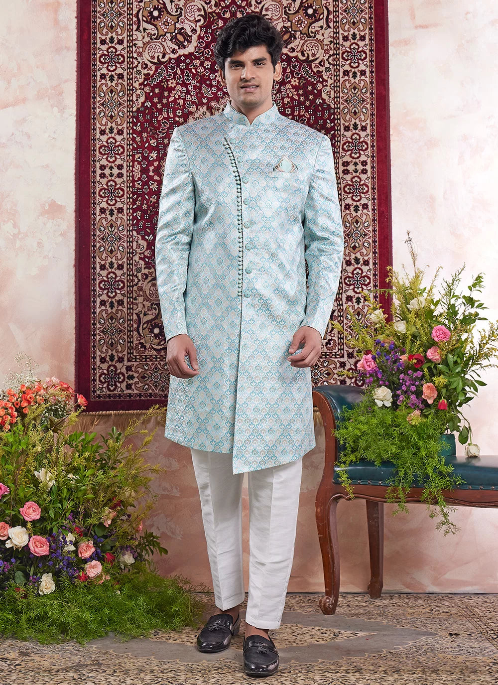 Raivat Ethnic Banarasi Jacquard Embroidery Indo Western Sherwani In Green Colour | Swadesiicart