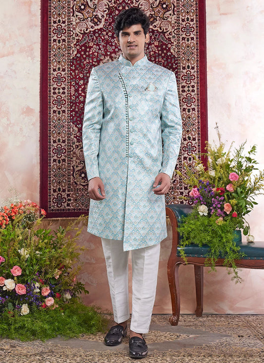 Raivat Ethnic Banarasi Jacquard Embroidery Indo Western Sherwani In Green Colour | Swadesiicart