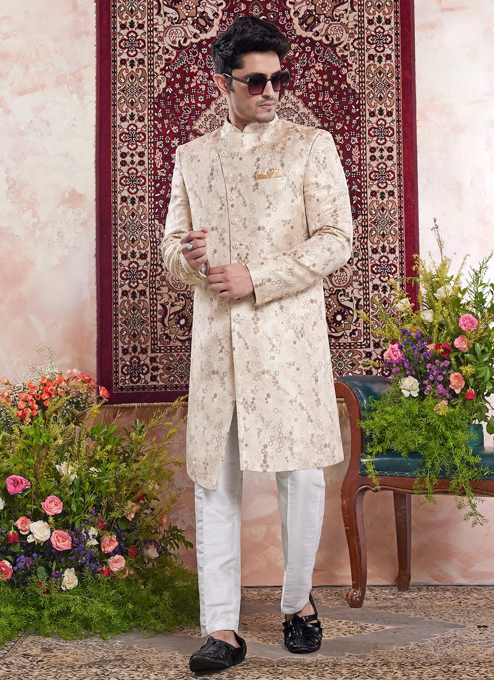 Raivat Ethnic Banarasi Jacquard Embroidery Indo Western Sherwani In Beige Colour | Swadesiicart