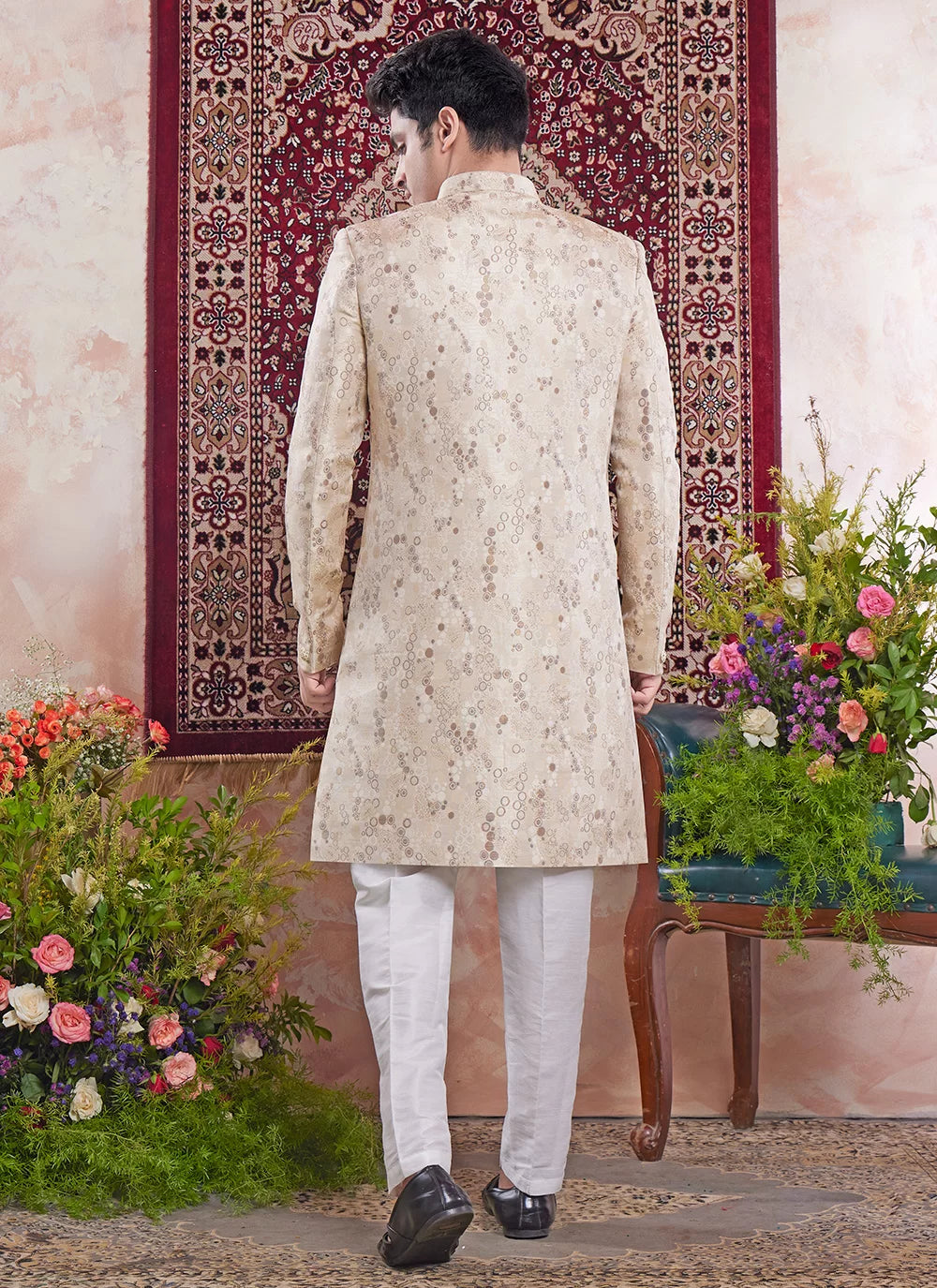 Raivat Ethnic Banarasi Jacquard Embroidery Indo Western Sherwani In Beige Colour | Swadesiicart