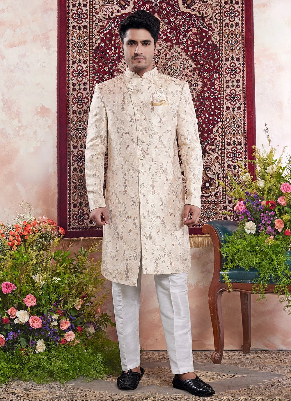 Raivat Ethnic Banarasi Jacquard Embroidery Indo Western Sherwani In Beige Colour | Swadesiicart