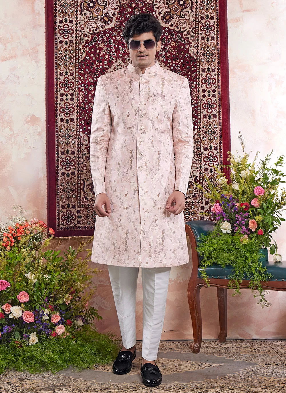 Raivat Ethnic Banarasi Jacquard Embroidery Indo Western Sherwani In Pink Colour | Swadesiicart