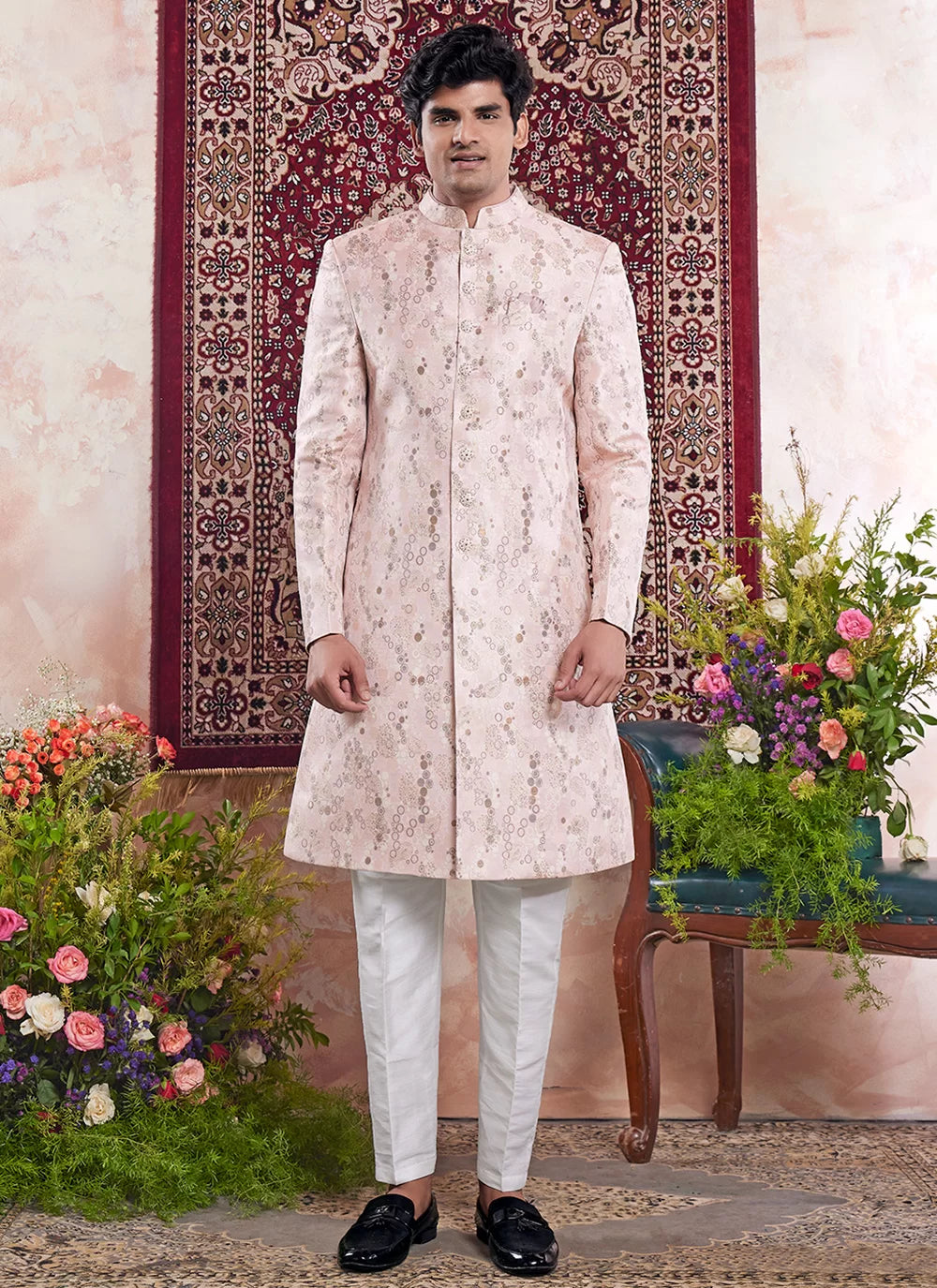 Raivat Ethnic Banarasi Jacquard Embroidery Indo Western Sherwani In Pink Colour | Swadesiicart