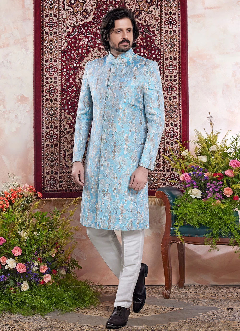 Raivat Ethnic Banarasi Jacquard Embroidery Indo Western Sherwani In Blue Colour | Swadesiicart